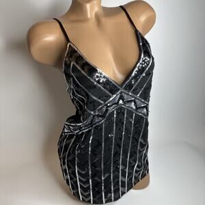 Express Womens Medium Black Silver Sequin Cami Top Clubwear Party Shiny Evening